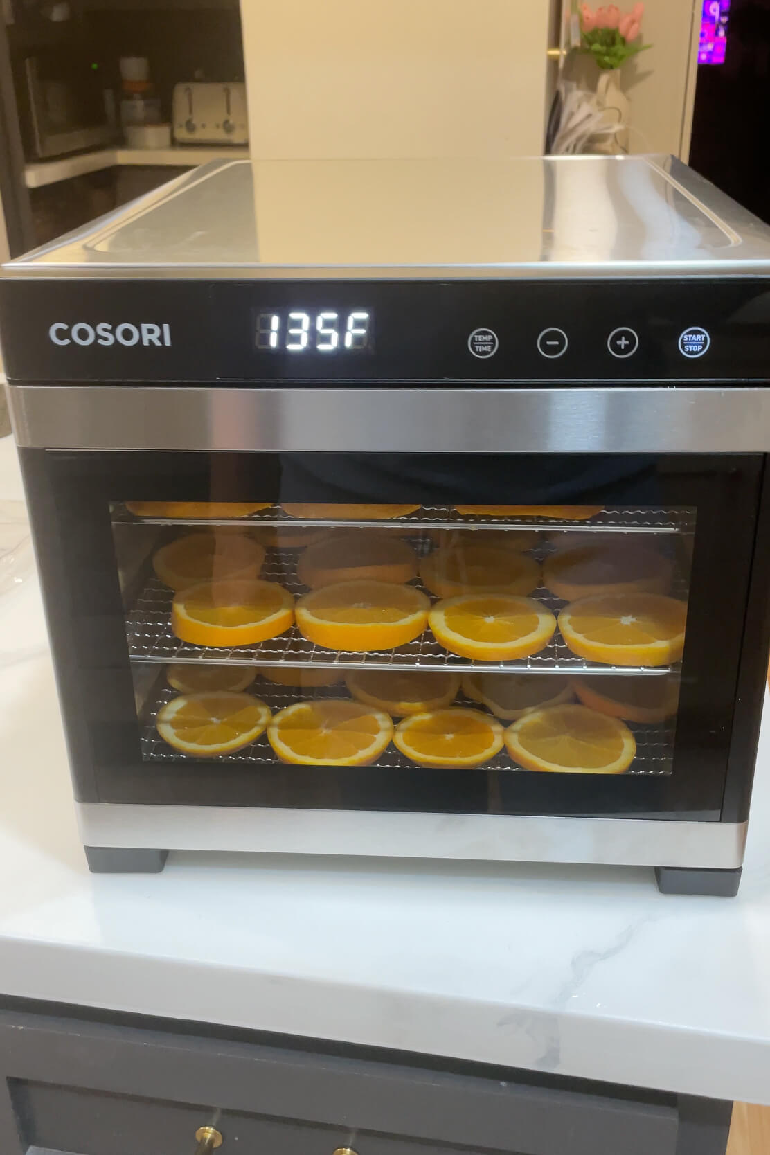 Using a dehydrator to dry orange slices for a DIY orange slice garland.